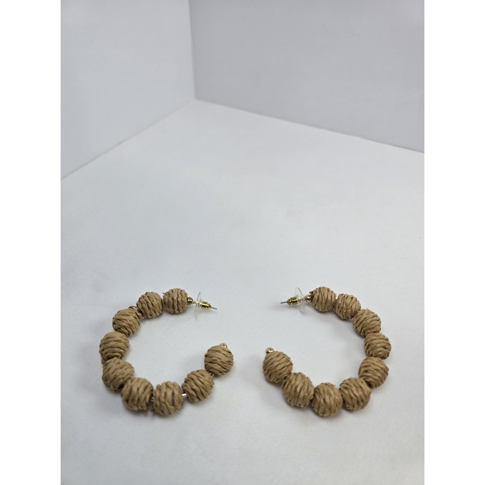 Woven Raffia Beaded Hoop Earrings Natural Tan Boho Coastal Statement Jewelry
